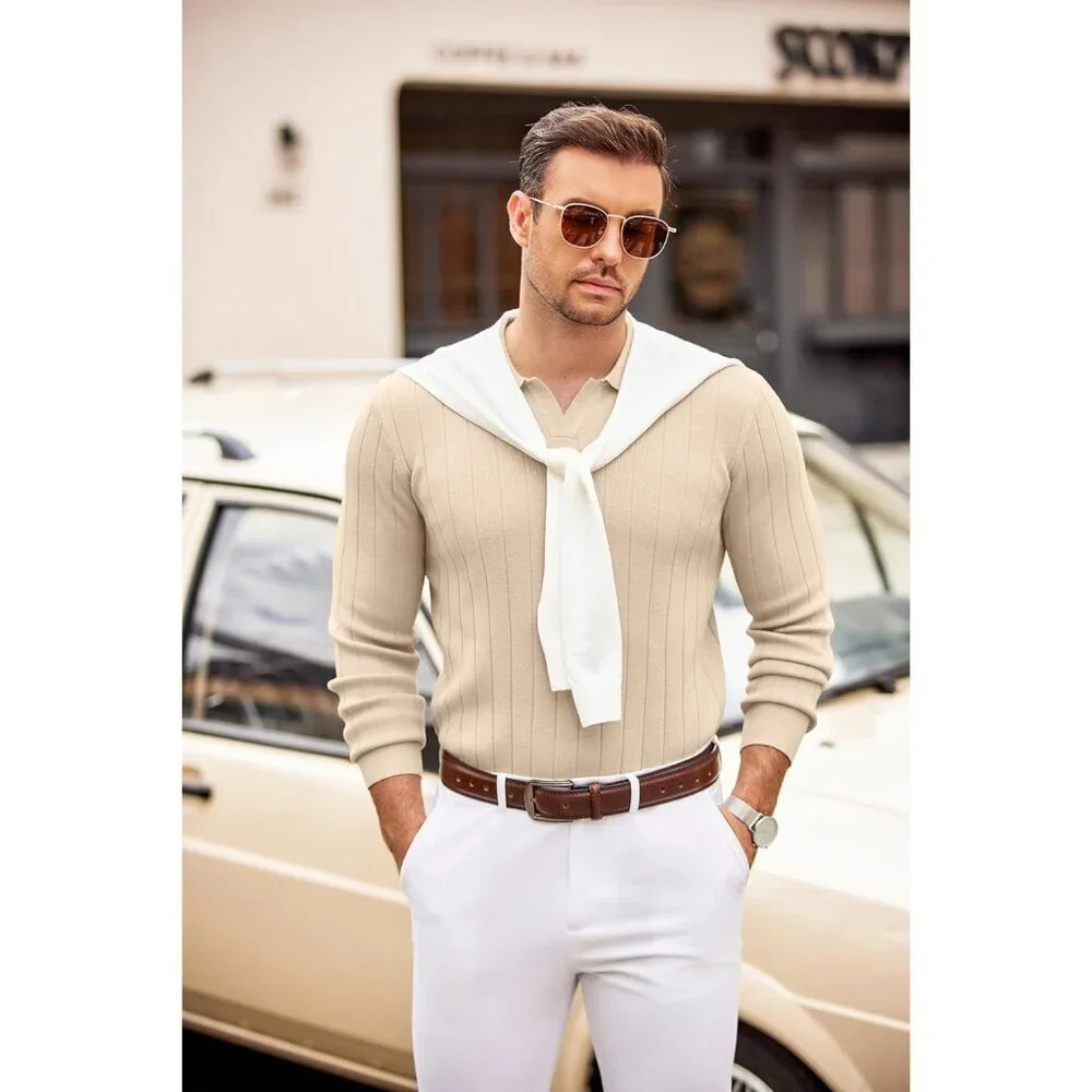 Coofandy Men Cream Polo Long Sleeve V Neck Knit Lightweight Pullover Sweater